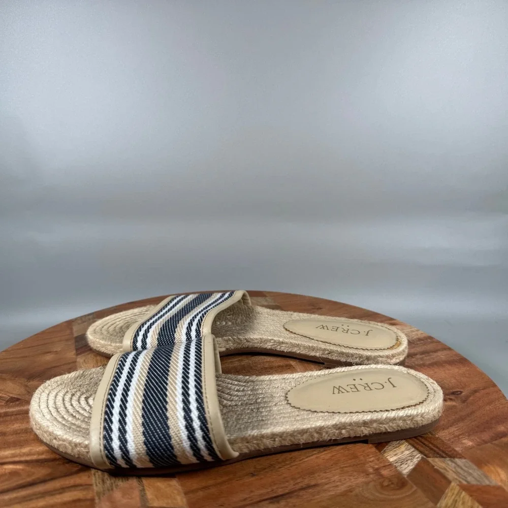 J.Crew‎ Womens Striped Espadrille Slide Sandals Tan Navy Blue White Size 6